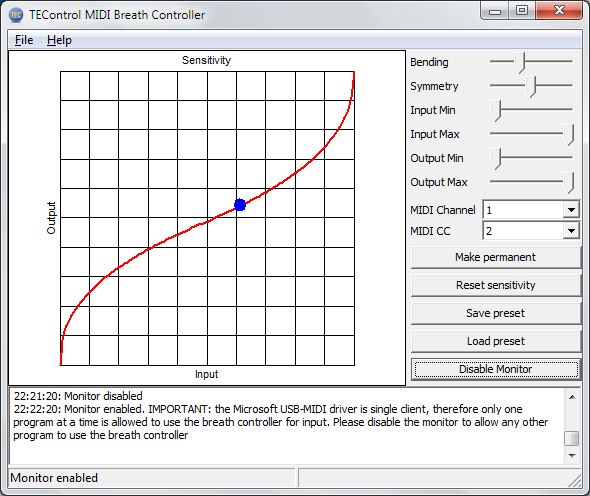TEControl Breath Controller Configuration Utility Screenshot